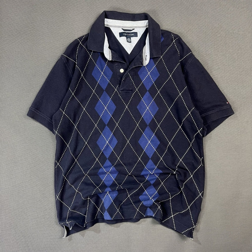 Tommy Hilfiger Mens Argyle Polo Shirt Navy Blue Short Sleeve Cotton Size L